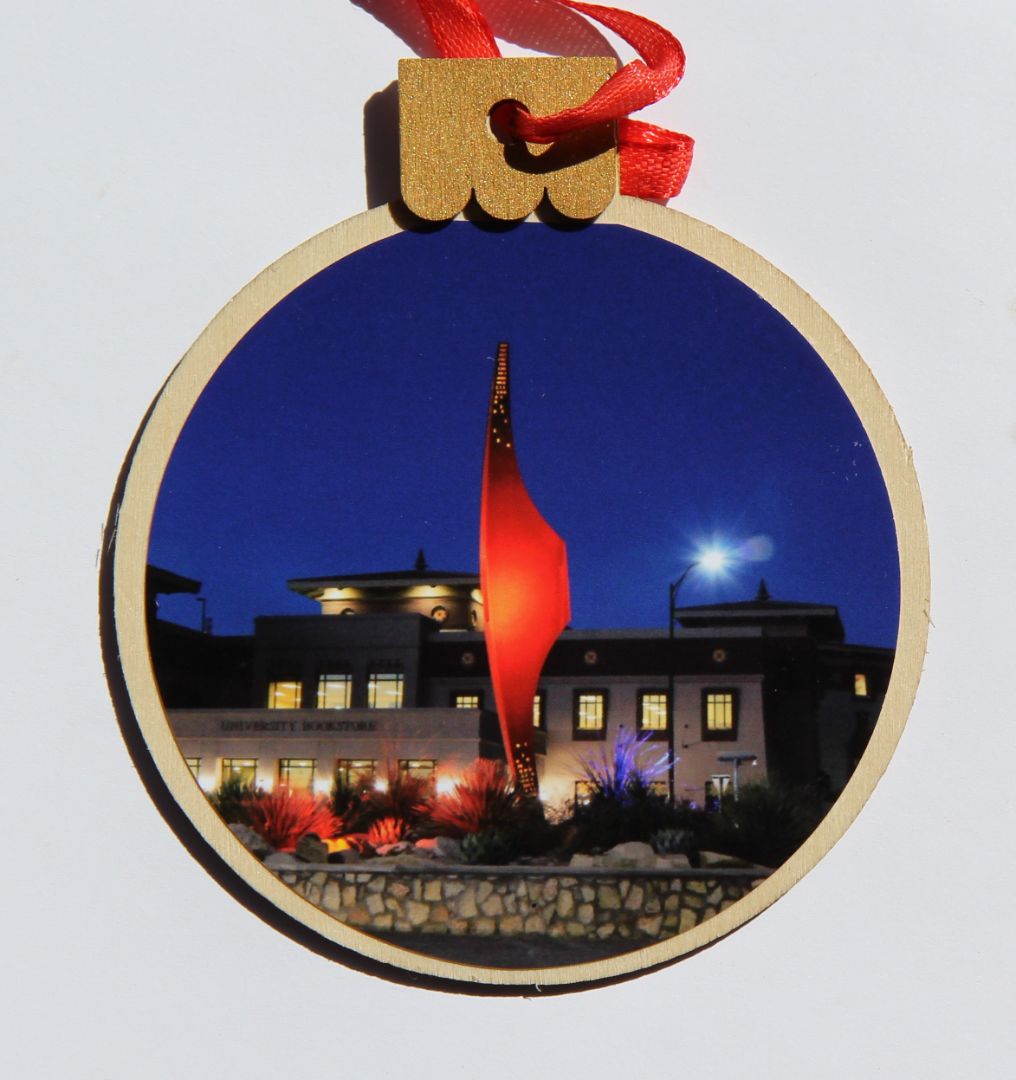 Ornament Utep Pik W Building, Wood Round 3.77 X 4.29In - Ysleta Mission Gift Shop