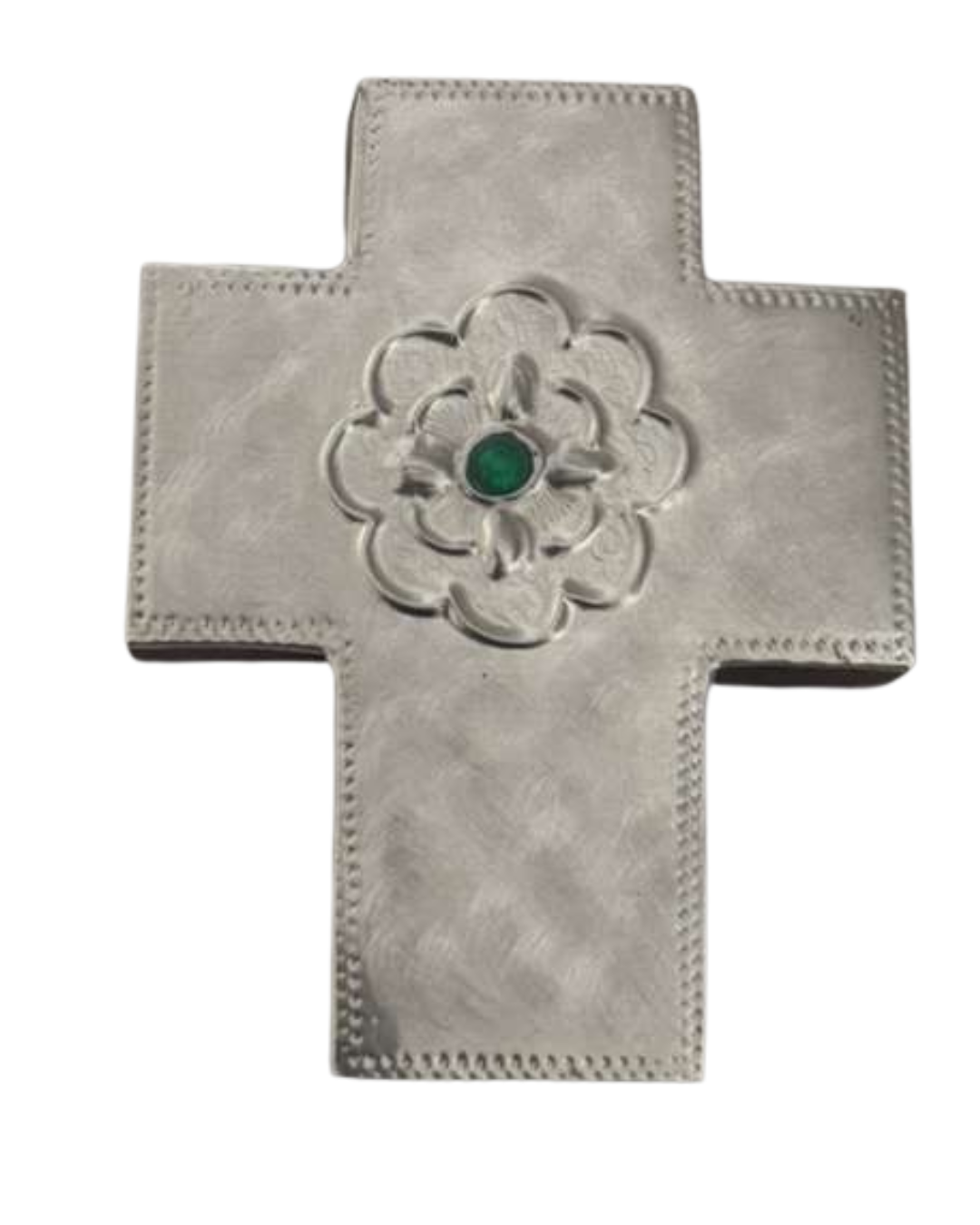 Mini Cross Green Center Accent Stone Metal Embossed Wood L3 W2.5