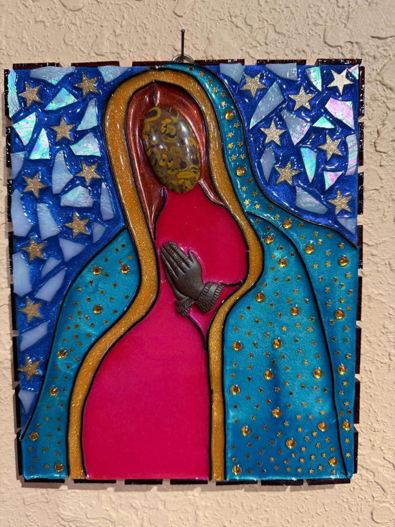Virgen Guadalupe Plaque – Resin on Wood with Glass & Gemstones