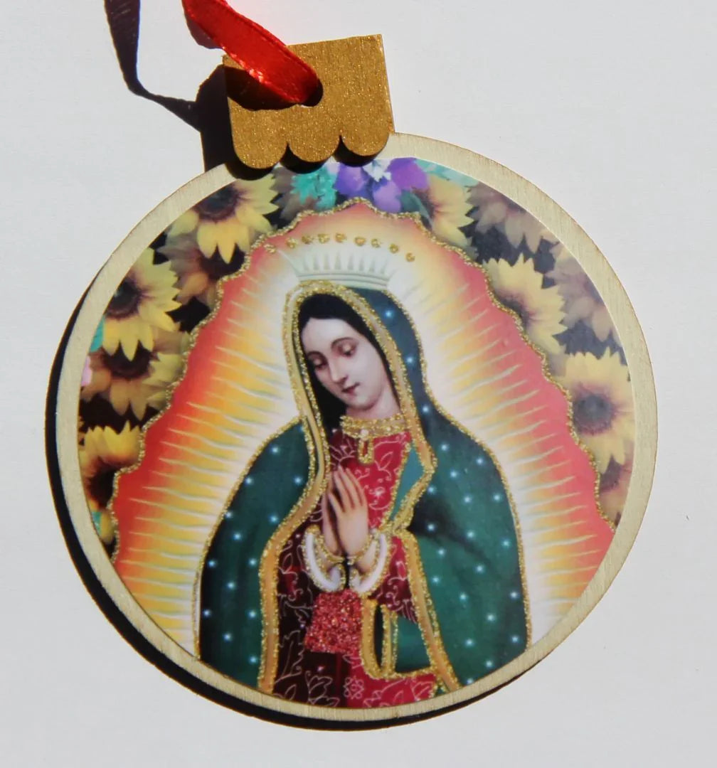 Ornament Virgin Flowers, Wood Round 3.77 X 4.29In - Ysleta Mission Gift Shop