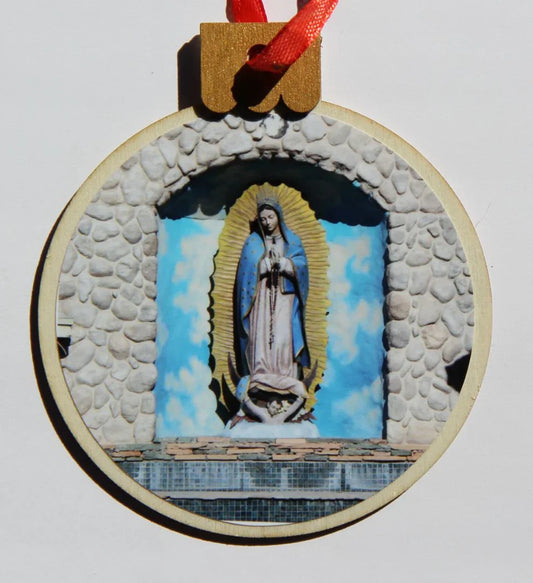 Ornament Virgin Light Blue Sky, Wood Round 3.77" X 4.29" - Ysleta Mission Gift Shop