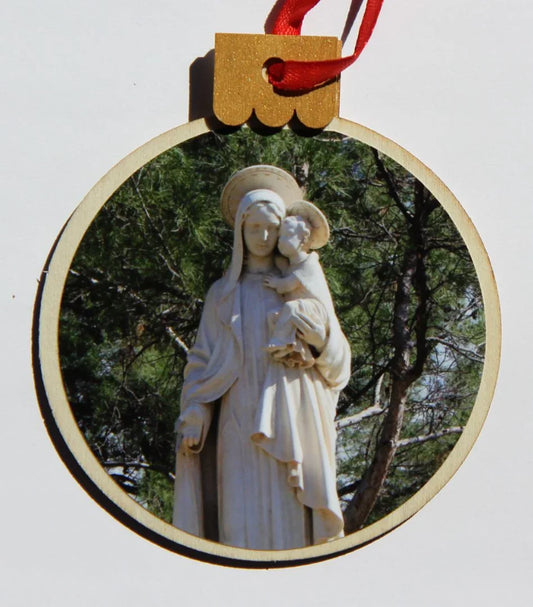 Ornament Virgin With Child, Wood Round 3.77" X 4.29" - Ysleta Mission Gift Shop