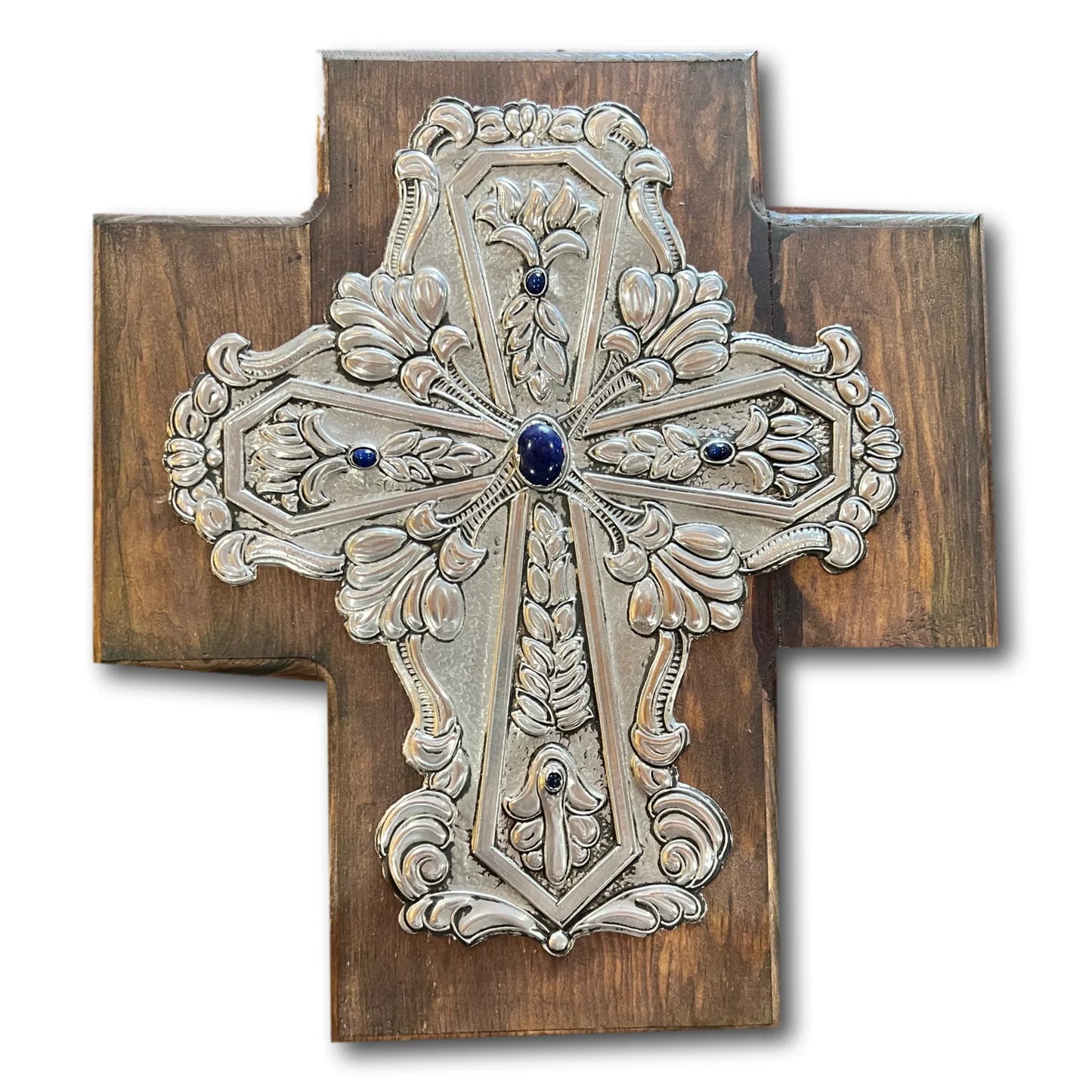 Wood Cross with Embossed Tin Design & Blue Stone Accents – Handcrafted Spiritual Decor