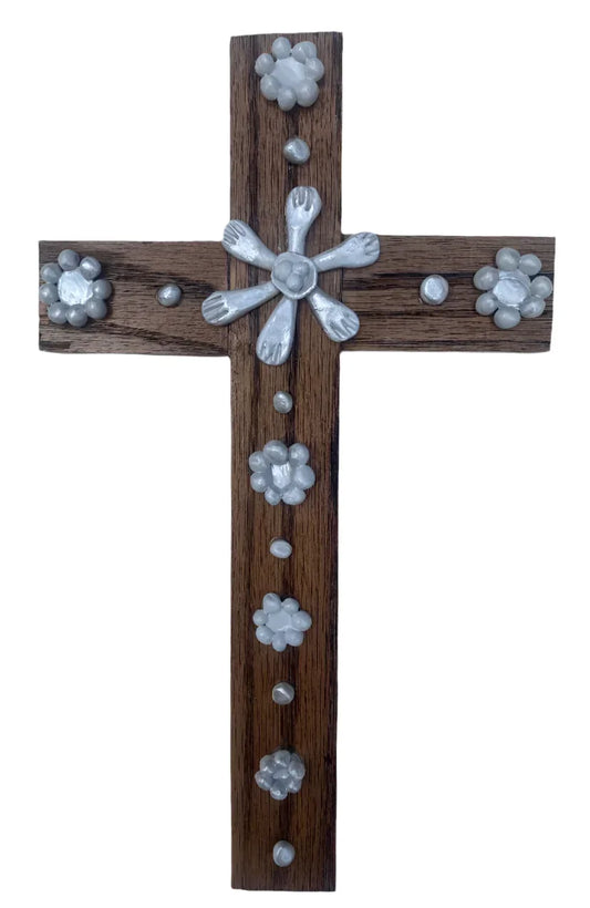 Wood Cross with White Flowers – Handcrafted Floral Faith Decor (6" x 13") - Ysleta Mission Gift Shop