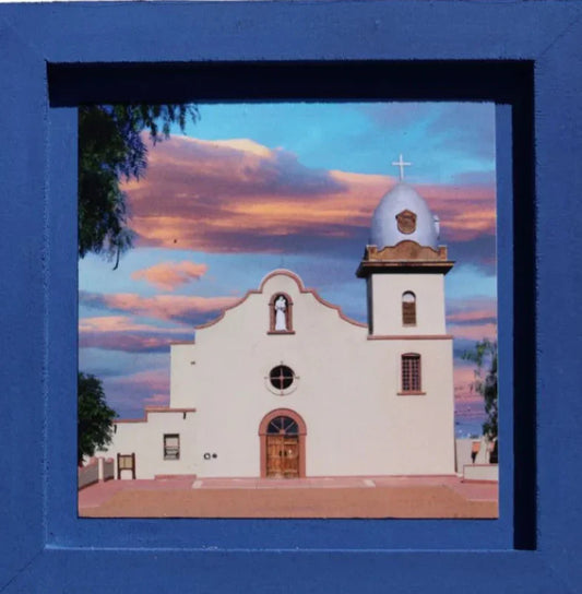Framed Ysleta Mission Print with Clouds, Wood Frame 5.75" x 5.75" - Ysleta Mission Gift Shop