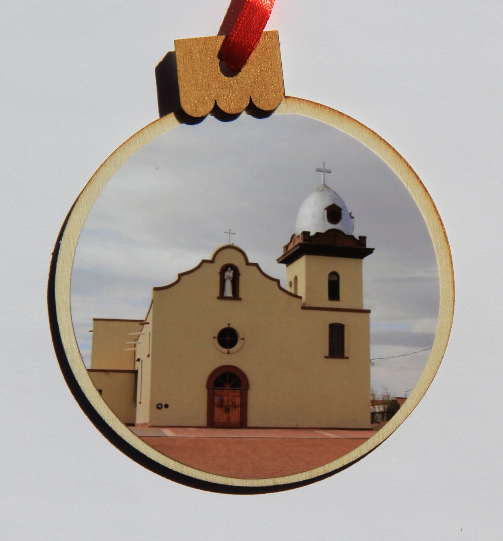 Ornament Ysleta Mission Grey Sky, Wood Round 3.77 X 4.29In - Ysleta Mission Gift Shop