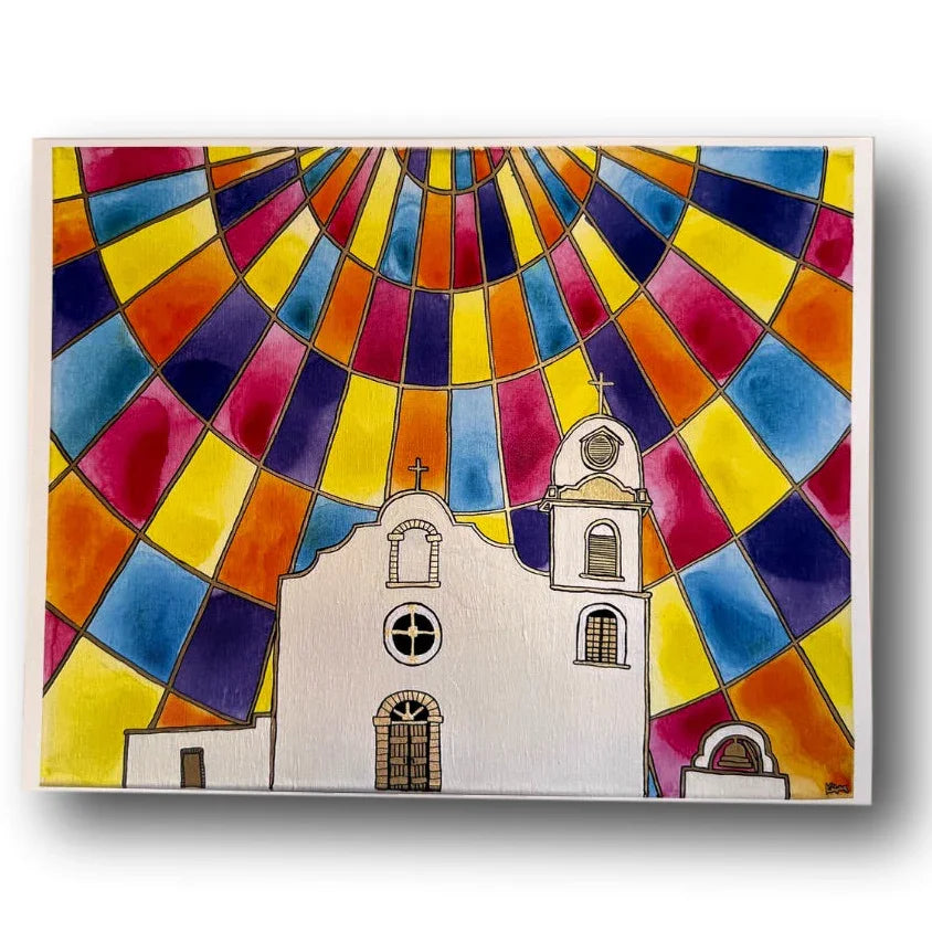 Ysleta Mission Print 11.25×14.5 – Cathedral Glass Style Wall Art Inspired by Mission Landmark