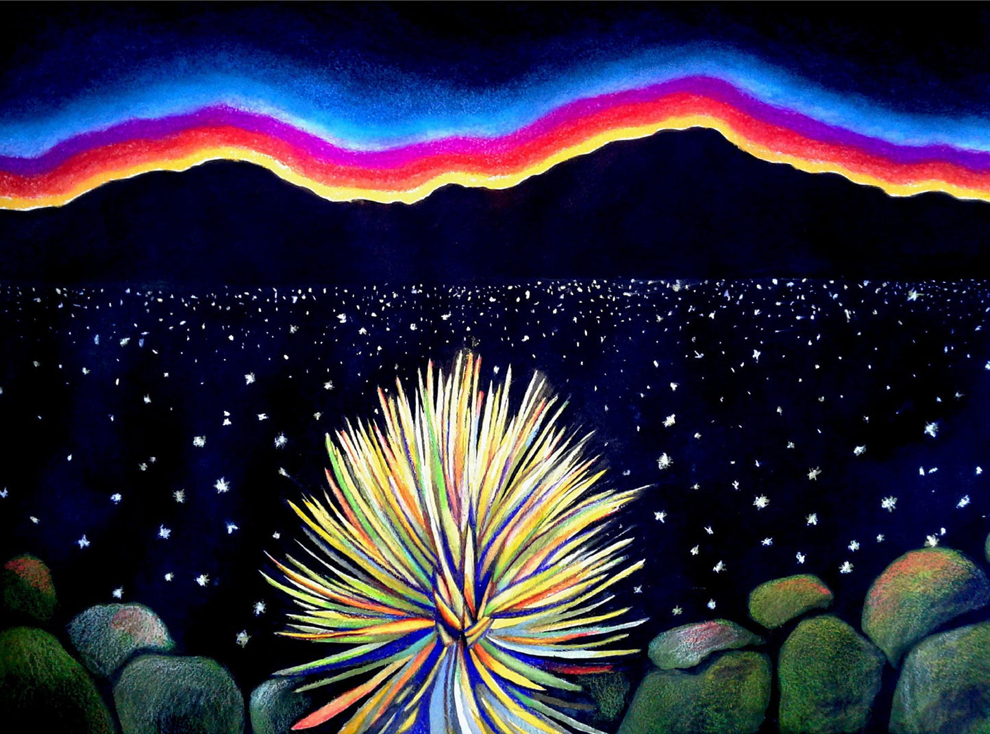 Matted Yucca at Dusk mixed media art print by Susan W Perez, 8x10 El Paso artwork showcasing a desert scene with silhouetted yucca plants.