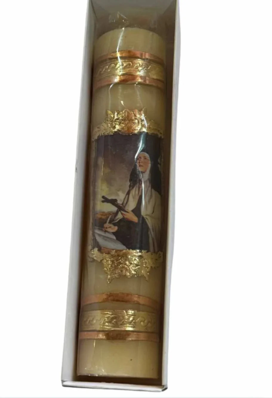 Devotional Handcrafted Patron Saint Candles – Decorative Gold Seal Detail - Ysleta Mission Gift Shop