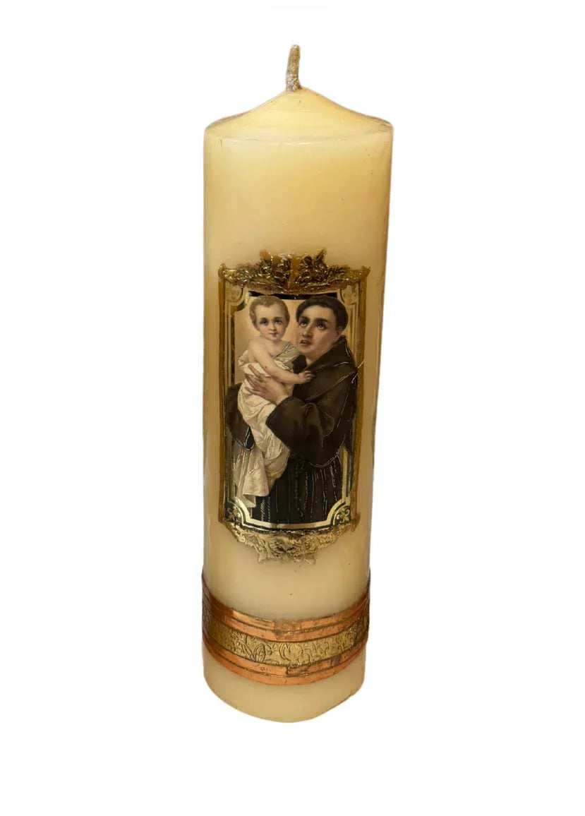 Saint Anthony of Padua Devotional Candle – Natural Beeswax/Soy Wax with Ornate Gold Accents - Ysleta Mission Gift Shop