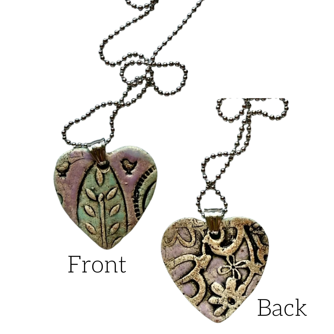 Artisan Pink and Black Ceramic Heart Pendant Necklace 1.5 x 1.5 in - Ysleta Mission Gift Shop