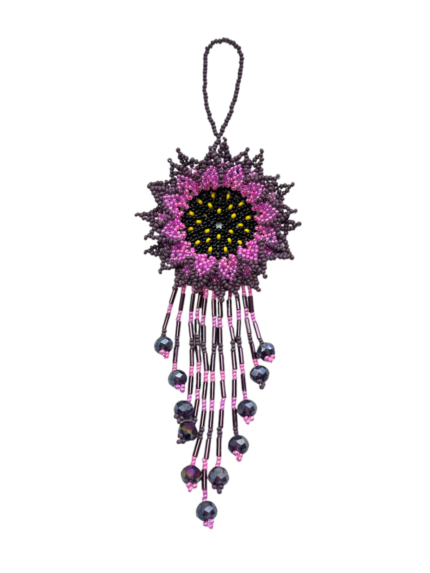 Handmade seed bead flower charm from Mexico, 7-inch beaded flower decor for purses and accessories.