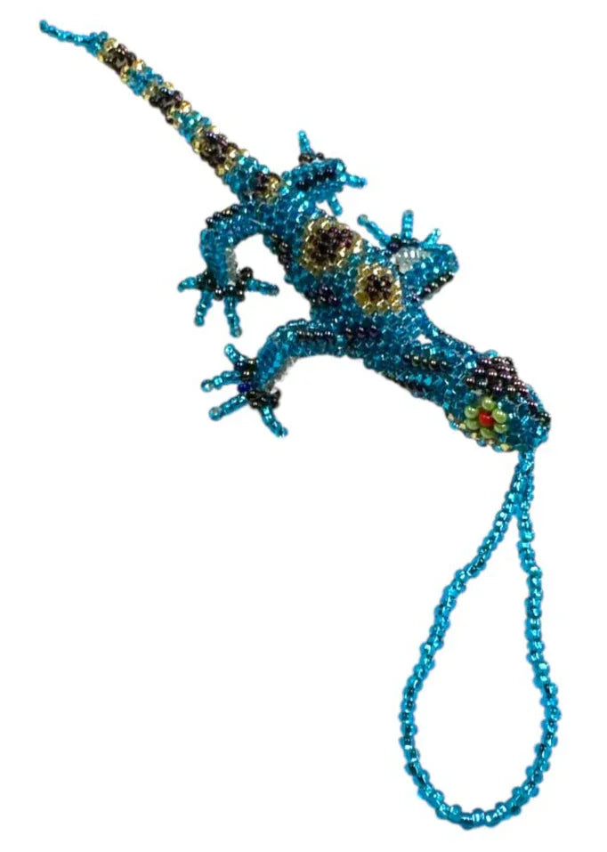 Handcrafted Mexican beaded lizard folk art purse charm by Jose Alberto Chavez, 4.5 inches, featuring colorful seed bead detailing.