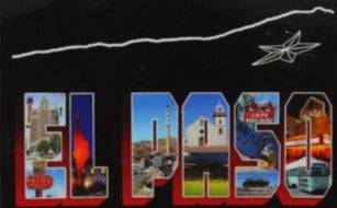 Black El Paso Postcard Sticker – Vinyl Glossy Removable 3x3 inches - Ysleta Mission Gift Shop