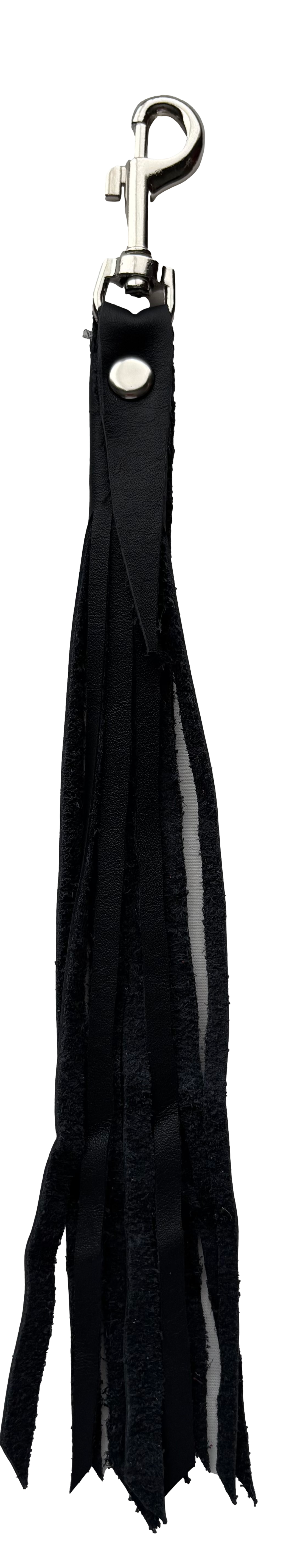 Black leather fringe tassel keychain by Consuelo Barraza featuring stylish hanging leather tassels and fringe details.