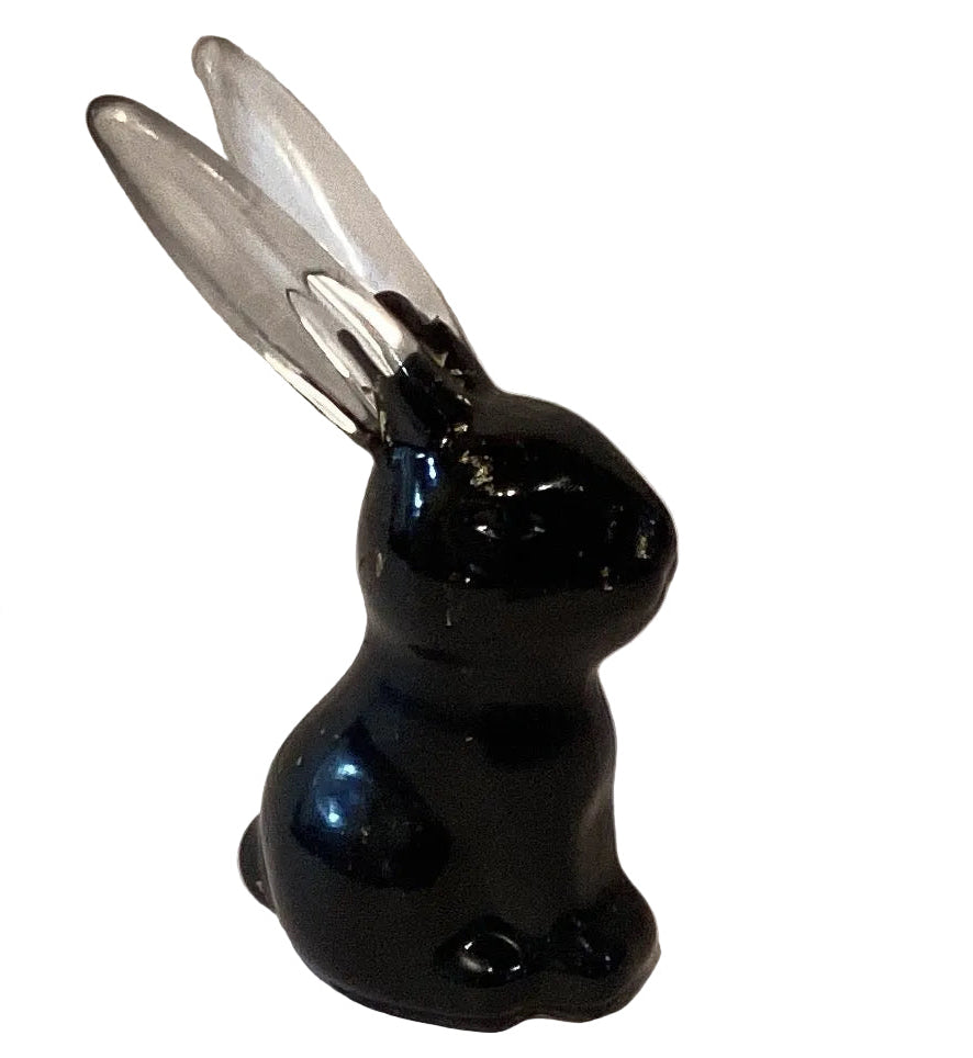 Black resin rabbit figurine with gold flakes, 3 inches tall, decorative home and garden figurine by Ysleta Mission Gift Shop.