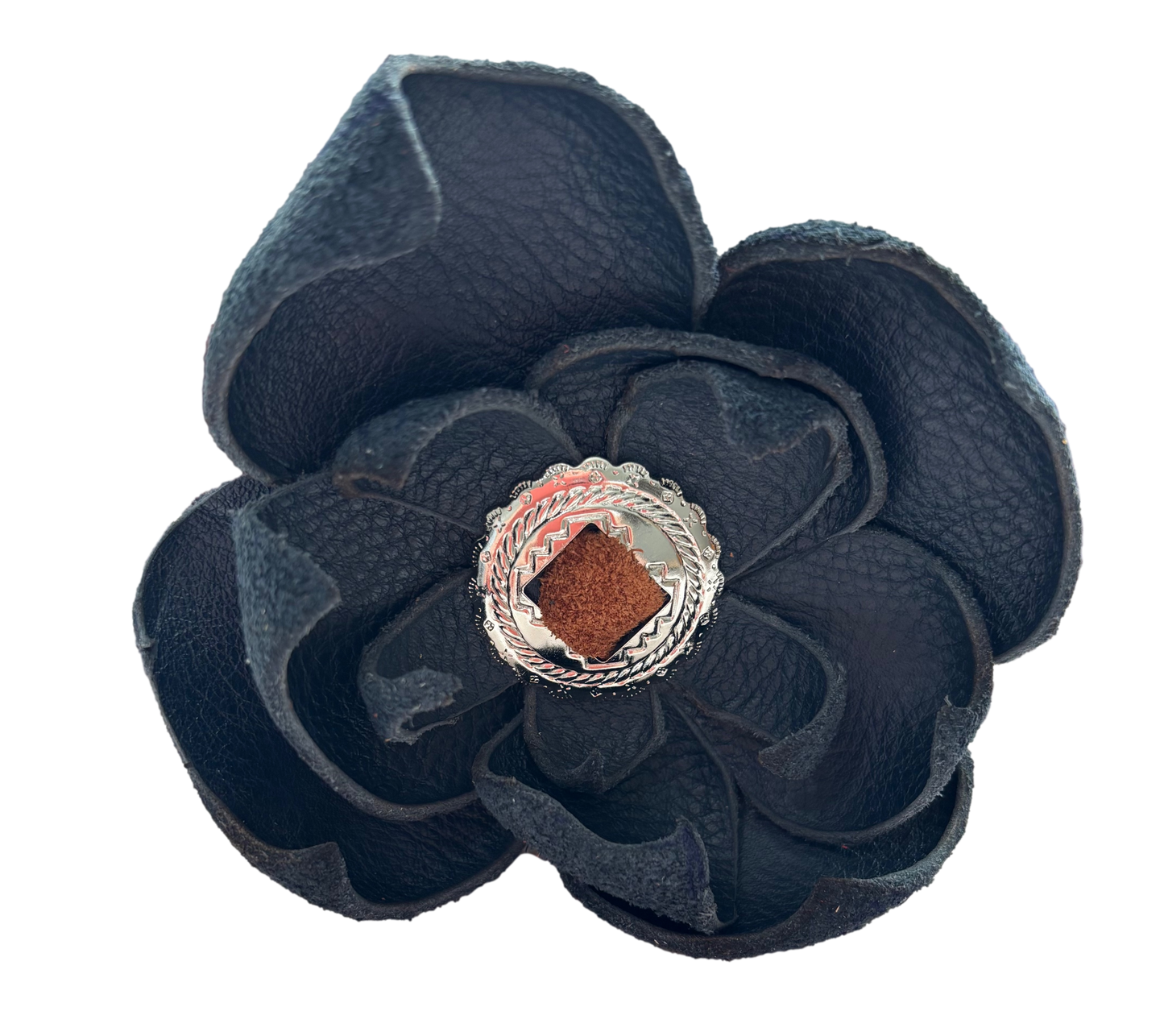 Black silver flower hat clip by Consuelo Barraza, stylish hair accessory with elegant floral design.