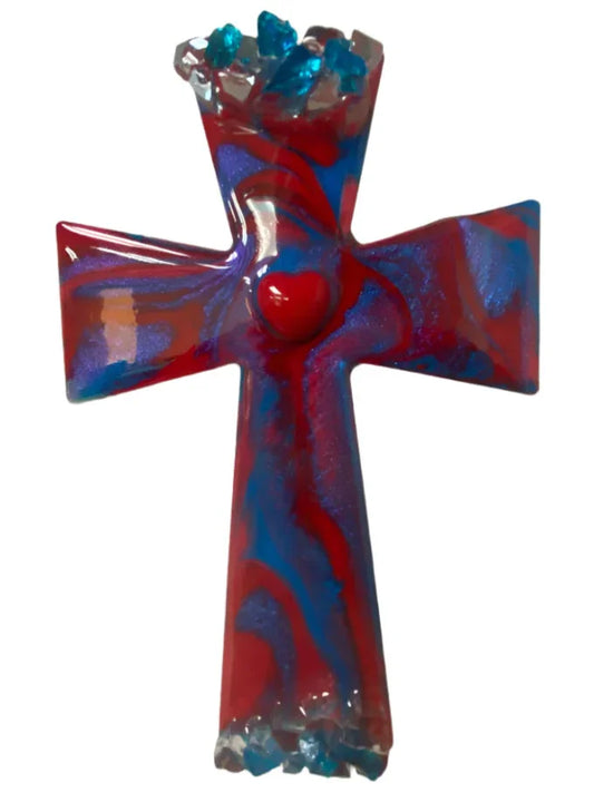 Cross Magnet - Resin Inlaid Glass Gems Multicolored 6x5 - Ysleta Mission Gift Shop