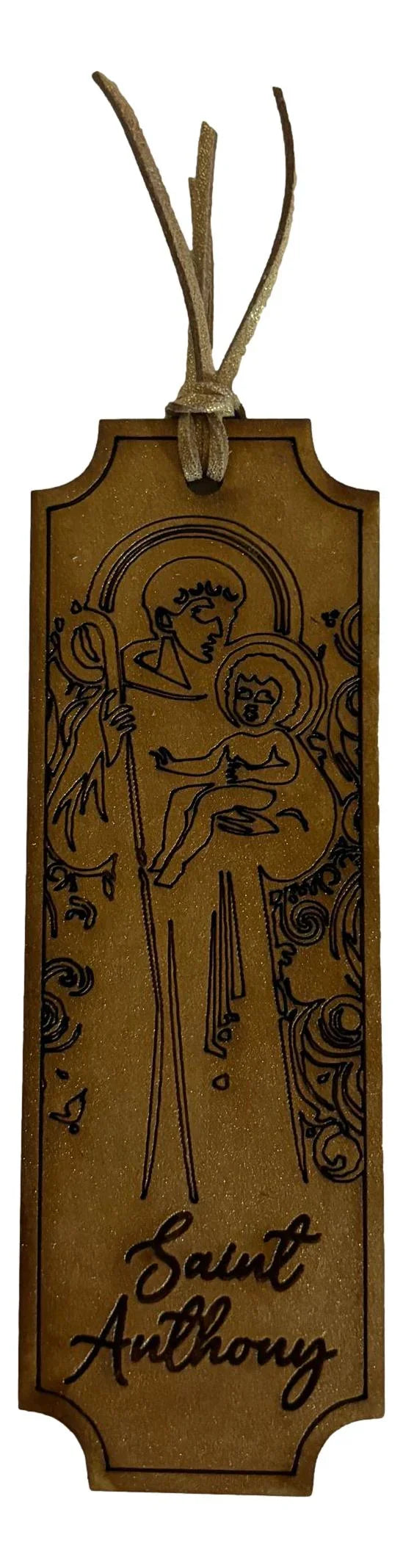 Set of six laser-cut wood bookmarks with Catholic and Christian faith designs, measuring 6 x 2 inches, by Norma Cordova De Schaefer.