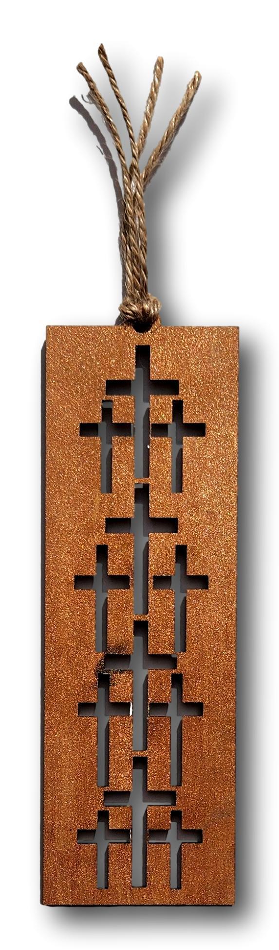 Assorted laser-cut wooden bookmarks with Christian and faith-themed designs, measuring 6x2 inches, by Norma Cordova De Schaefer