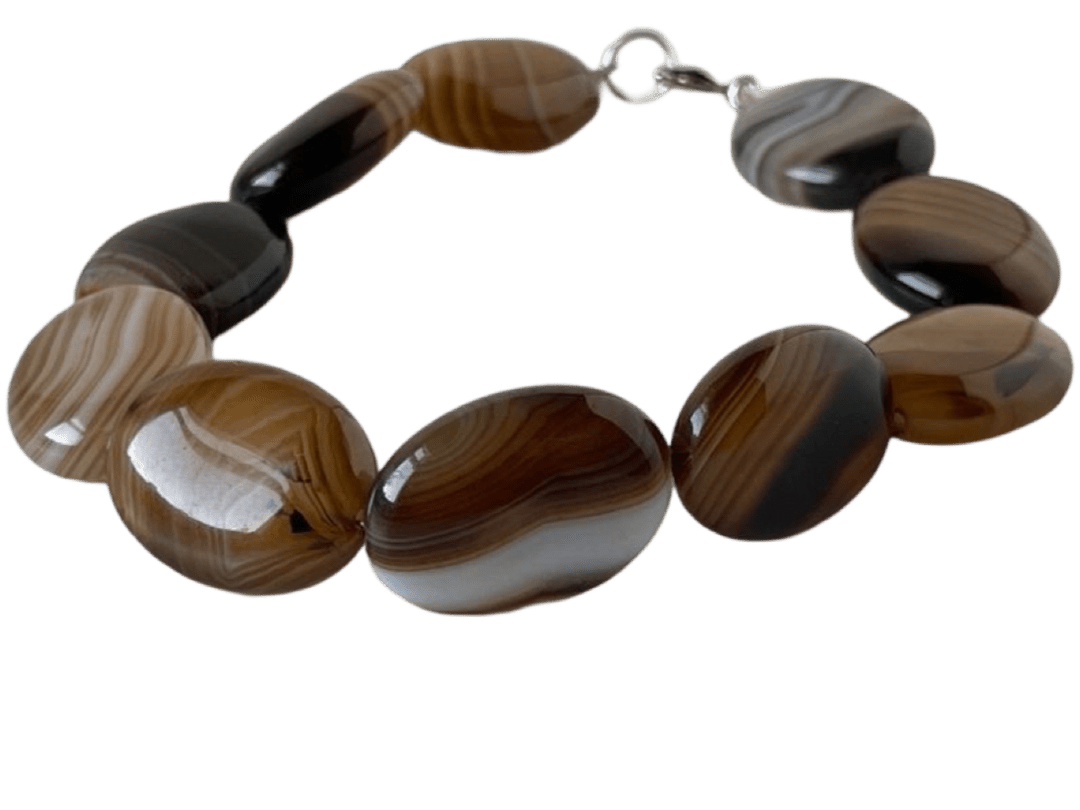 Brown Agate Bead Bracelet - 7-Inch with Flat Oval Striped Design - Ysleta Mission Gift Shop