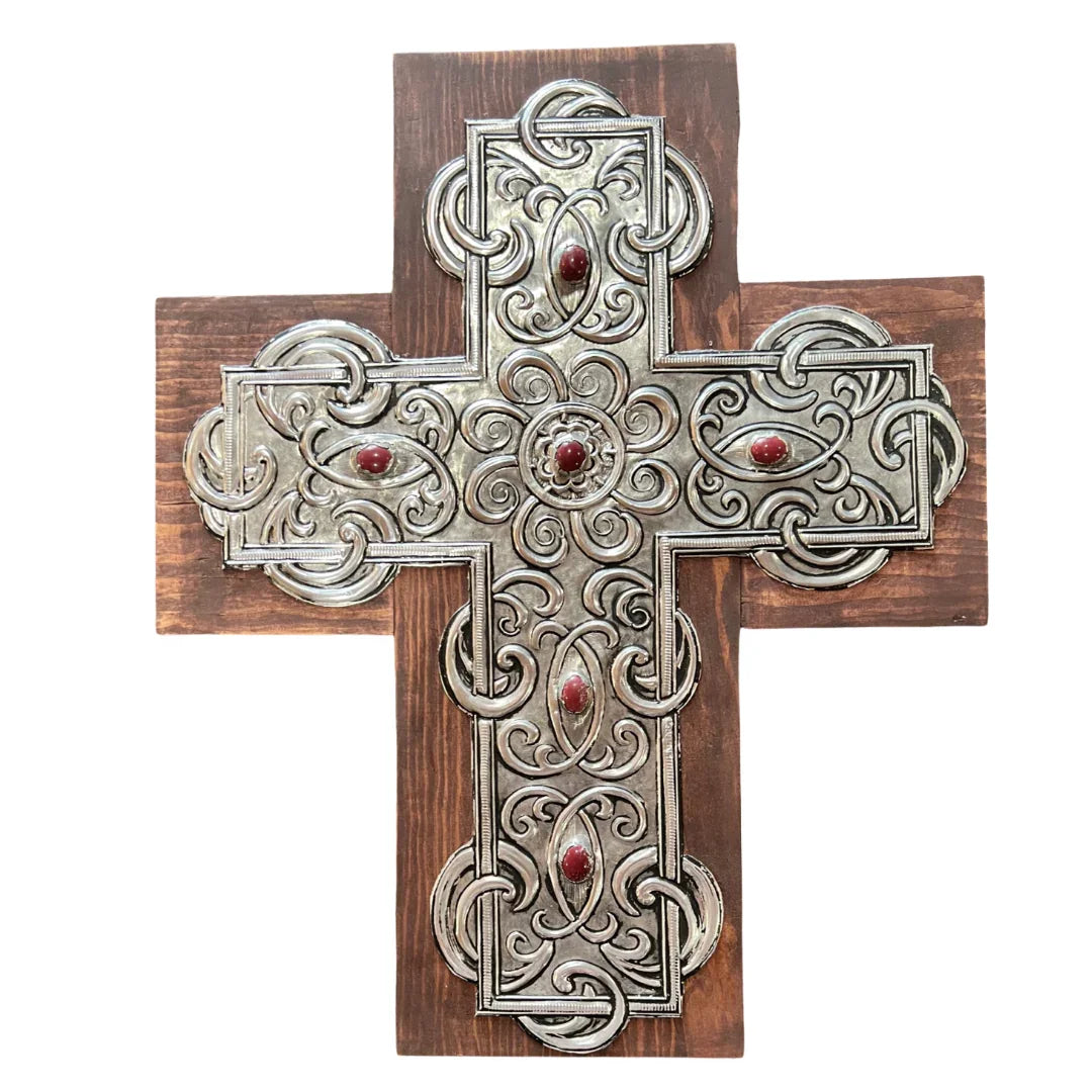 Brown stone cross wall art by Marilu Fuentes, handcrafted aluminum with real wood backing, rustic Catholic religious decor.
