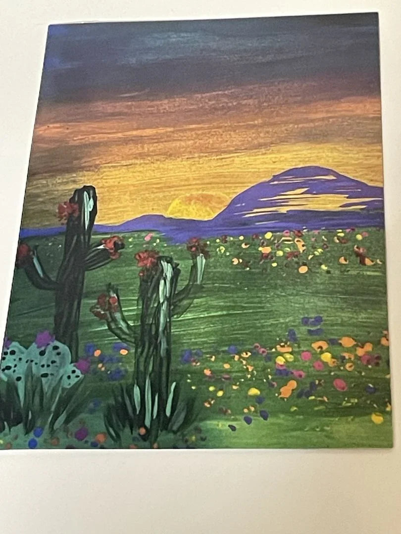 Pair of cactus desert sunset magnets featuring 4x6 acrylic art print by Sylvia Leroux, perfect El Paso souvenir.