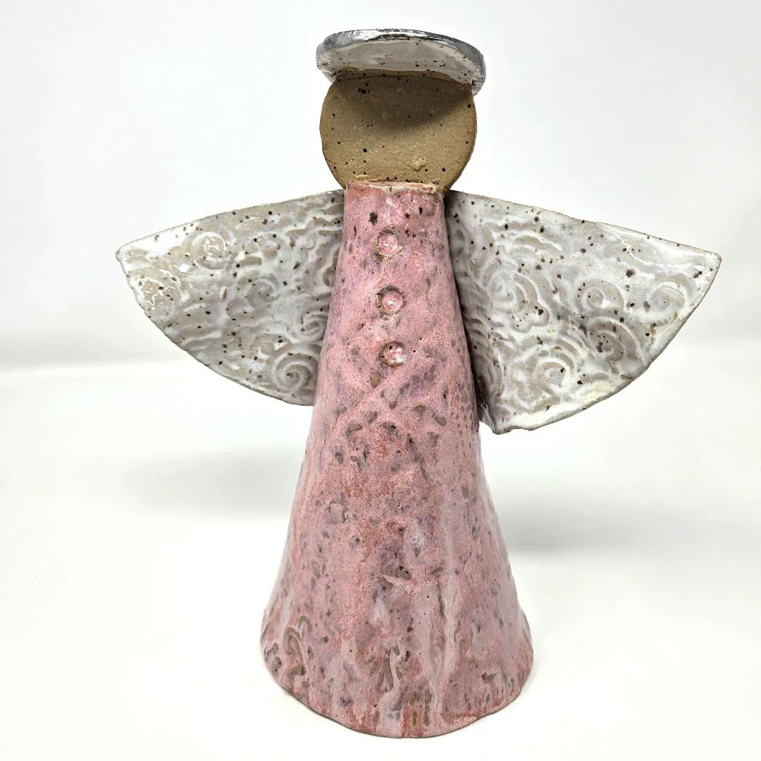 Ceramic angel sculpture with a metallic halo, minimalist design, Catholic Christian saint statue by Vanessa Clark.