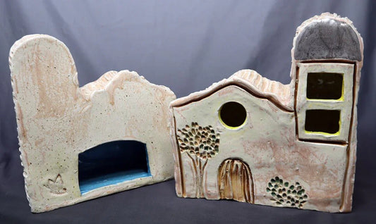 Large ceramic Ysleta Mission Luminario by Vanessa Clark, detailed El Paso souvenir and collectible modeled after Ysleta Mission.