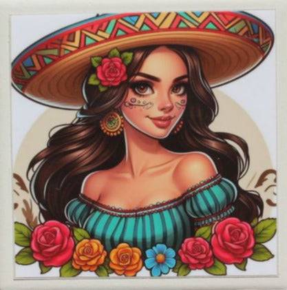 Coaster Girl With Sombrero Ceramic Cork Backing 4X4 - Ysleta Mission Gift Shop