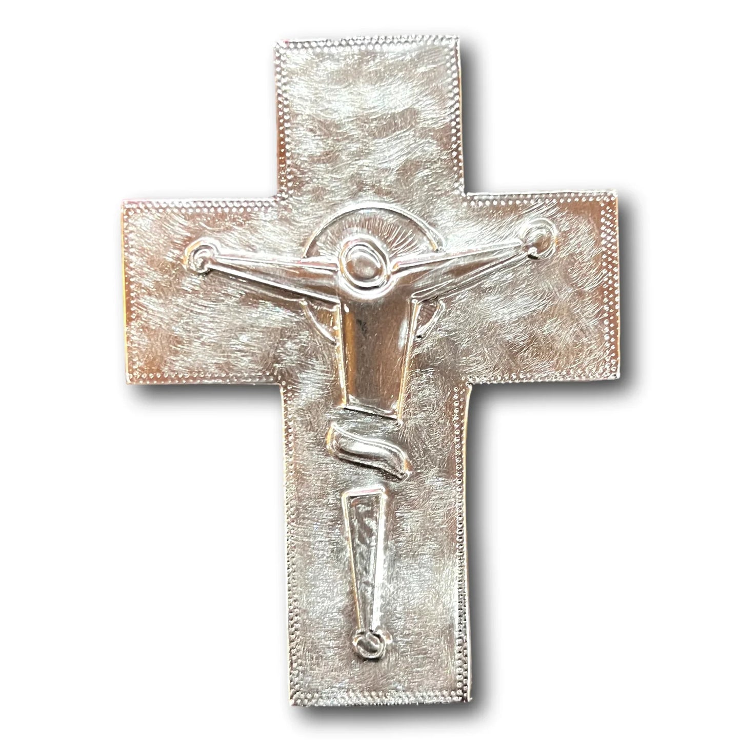 Hand-embossed aluminum cross with Christ and nails, mounted on real wood backing, Catholic Christian home decor by Marilu Fuentes.