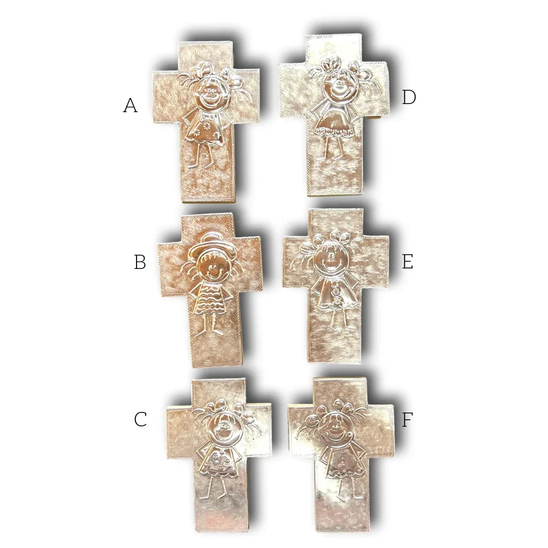 Aluminum cross with boy hand-embossed design on real wood backing, a Catholic Christian gift for boys, by Marilu Fuentes.