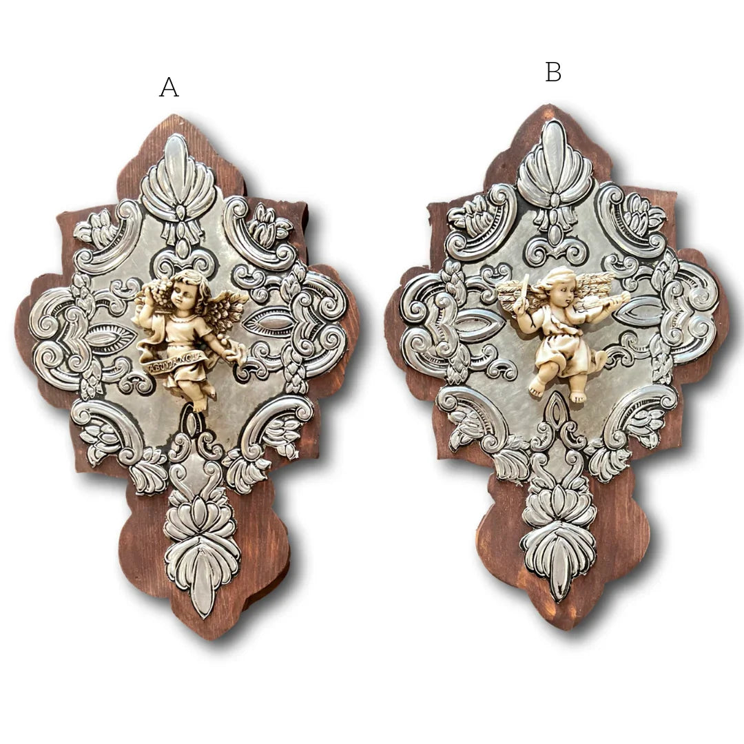 Hand-embossed aluminum cross with ceramic angels and real wood backing, Catholic Christian wall decor by Marilu Fuentes.