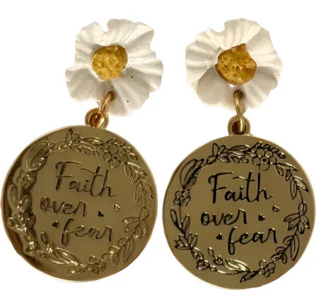 Gold-plated polymer clay Daisy earrings with Faith Over Fear charm by Melissa Cortinas, delicate jewelry accessory.