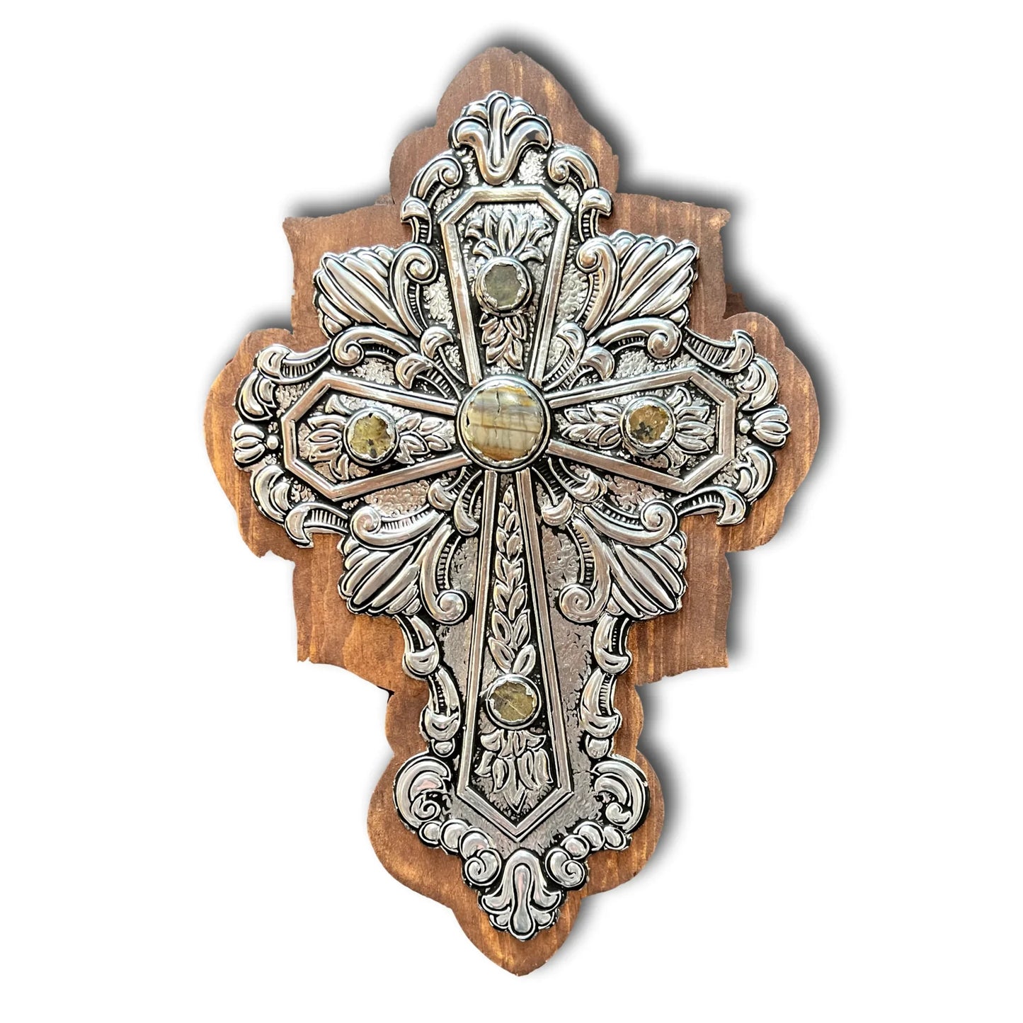 Hand-embossed aluminum cross with natural stones, wood backing, rustic Christian gift by Marilu Fuentes, ideal for Catholic decor