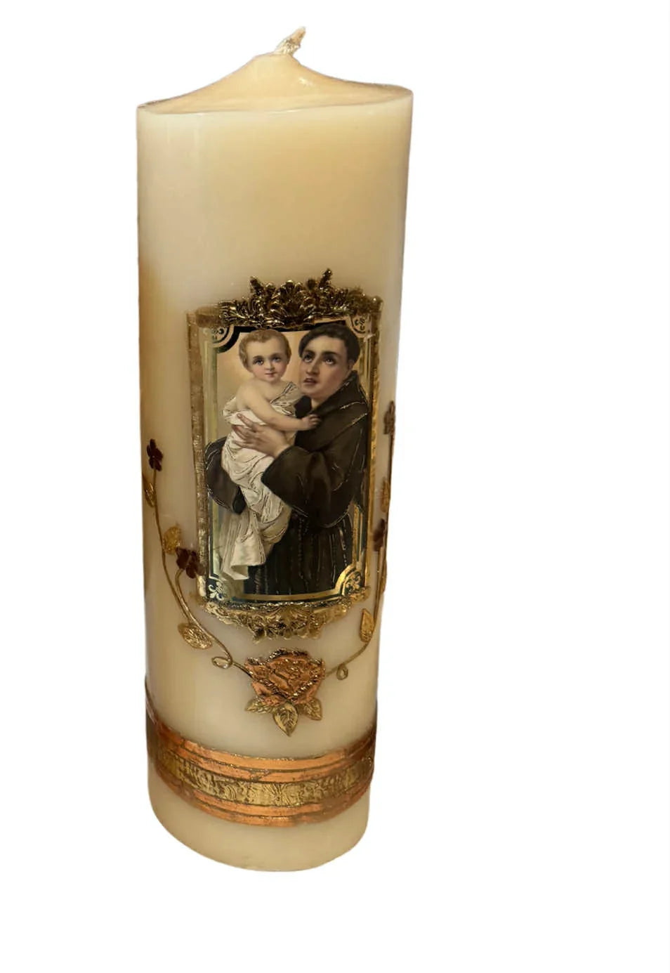 Saint Anthony of Padua Devotional Candle – Natural Beeswax/Soy Wax with Ornate Gold Accents - Ysleta Mission Gift Shop