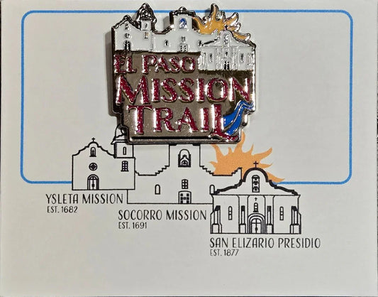 El Paso Mission Trail enamel pin featuring Ysleta Mission design, collectible souvenir lapel pin by Vanessa Clark.