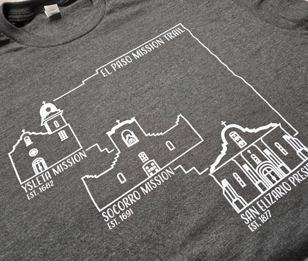 El Paso Mission Trail Unisex T-Shirt Heather Grey Comfort Tee - Ysleta Mission Gift Shop