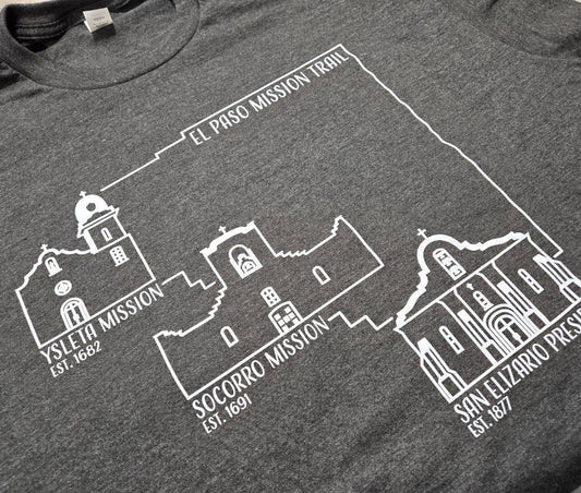 El Paso Mission Trail Unisex T-Shirt Heather Grey Comfort Tee - Ysleta Mission Gift Shop