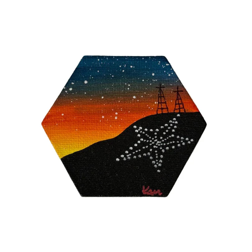 Hand-painted El Paso Sunset hexagon magnet by Krystal Molina, featuring vibrant canvas artwork measuring 3x3 inches.