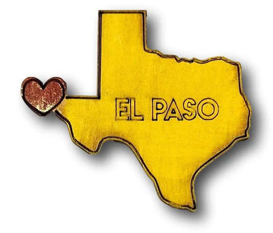 Laser cut wood magnet in El Paso Texas shape, 2x1.8 inches, featuring detailed city design, ideal as a souvenir or gift.