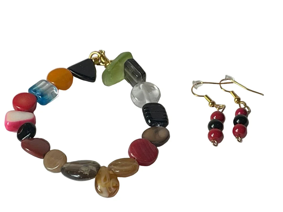 Sylvia Leroux jewelry set with flat mixed glass bead bracelet and red black earrings, 7.5 inches long, stylish accessories.