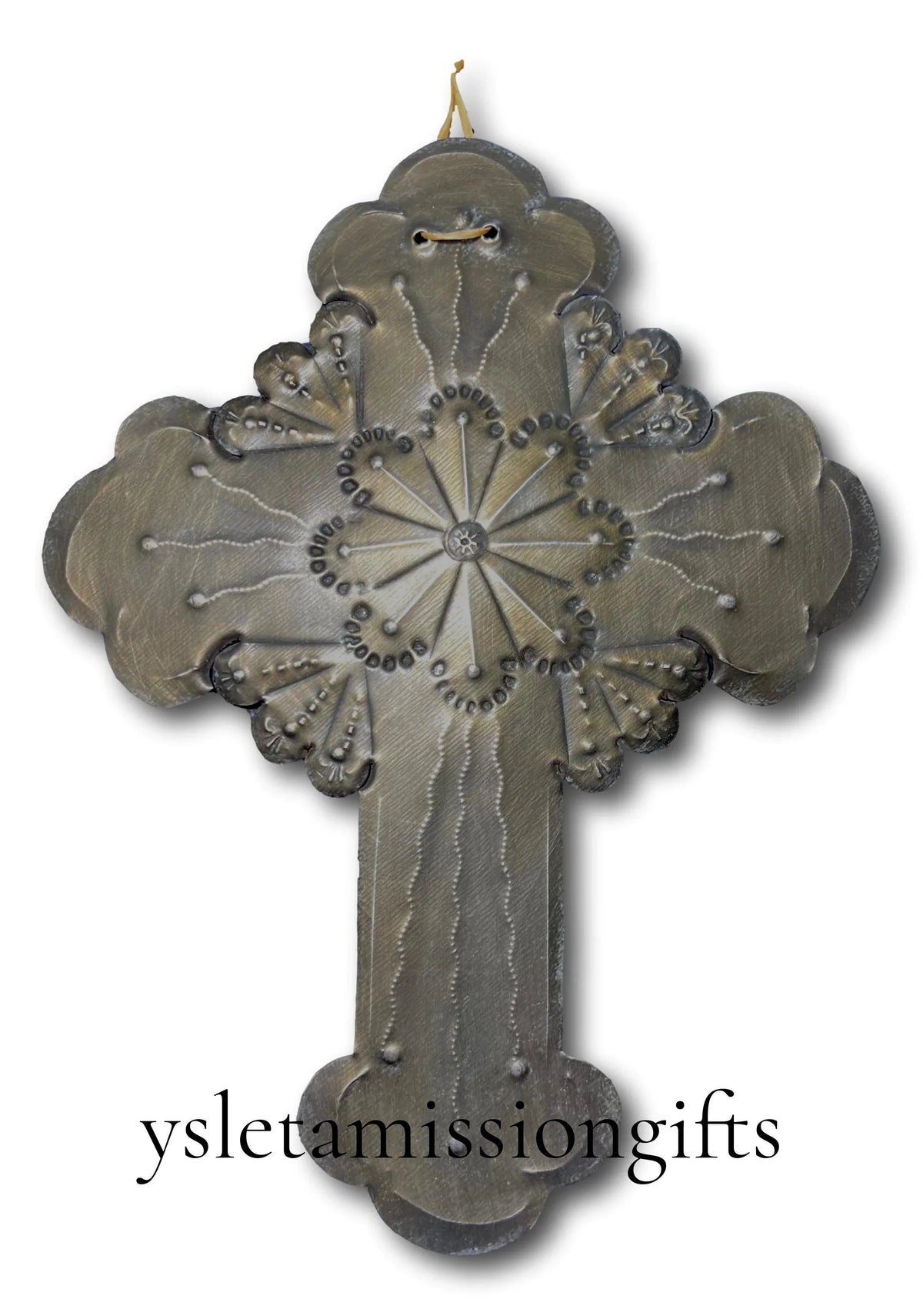 Flower Repujado Tin Cross by Jerry Montoya, New Mexico Santero artist, 9x7 inch Catholic wall art with detailed floral design.