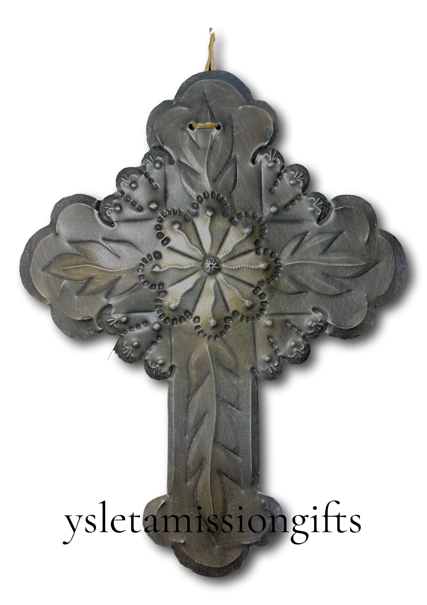 Flower Repujado Tin Cross by Jerry Montoya – New Mexico Santero Artist, Wall Art, 9" x 7" - Ysleta Mission Gift Shop