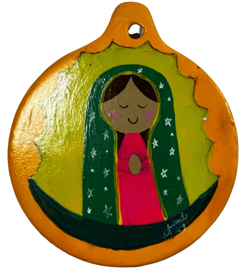 Folk Virgencita Ornament – 4" Handcrafted Ceramic with Acrylic Design - Ysleta Mission Gift Shop