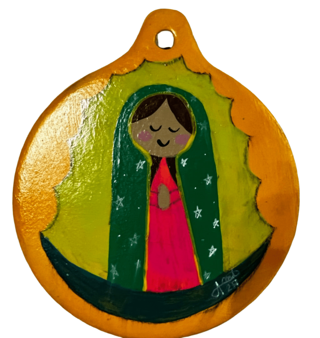 Folk Virgencita Ornament – 4" Handcrafted Ceramic with Acrylic Design - Ysleta Mission Gift Shop