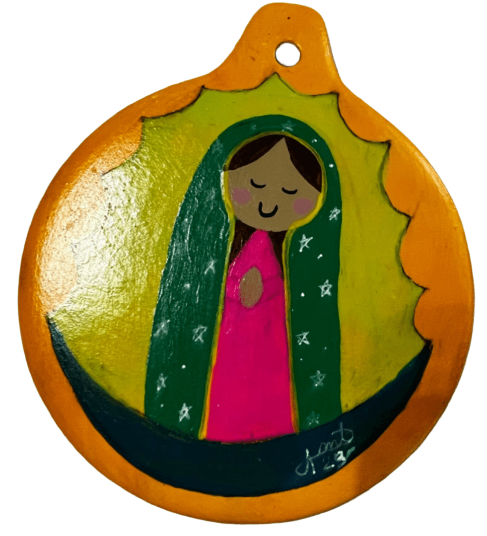Folk Virgencita Ornament – 4" Handcrafted Ceramic with Acrylic Design - Ysleta Mission Gift Shop