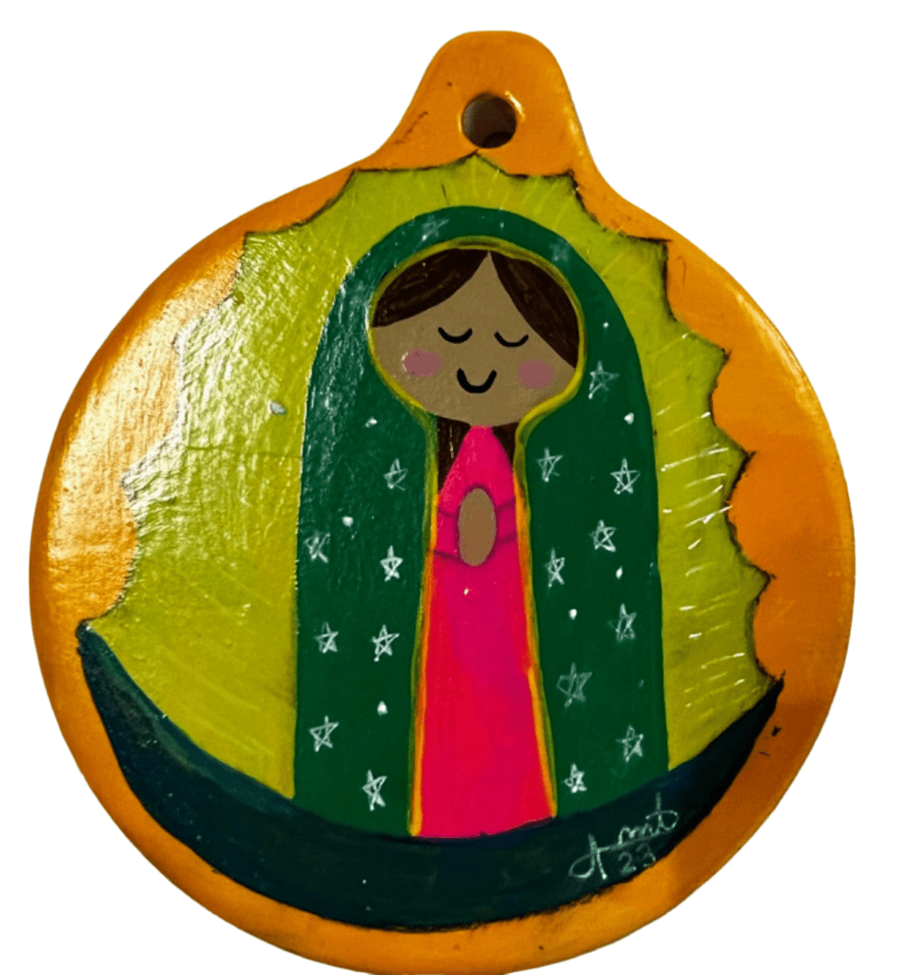 Folk Virgencita Ornament – 4" Handcrafted Ceramic with Acrylic Design - Ysleta Mission Gift Shop