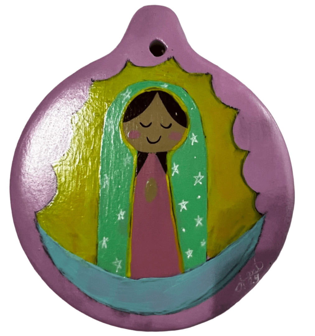 Folk Virgencita Ornament – 4" Handcrafted Ceramic with Acrylic Design - Ysleta Mission Gift Shop
