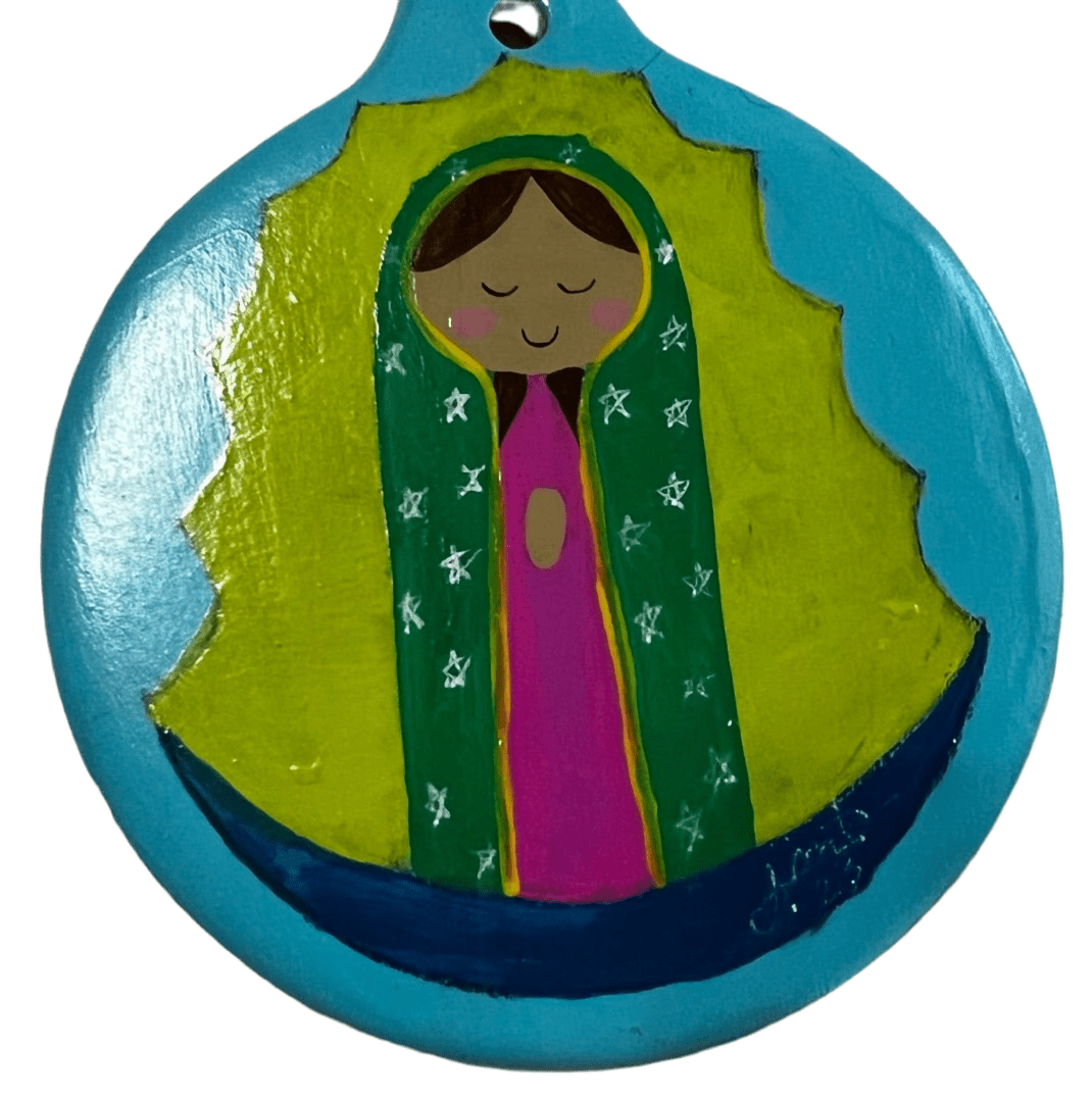 Folk Virgencita Ornament – 4" Handcrafted Ceramic with Acrylic Design - Ysleta Mission Gift Shop